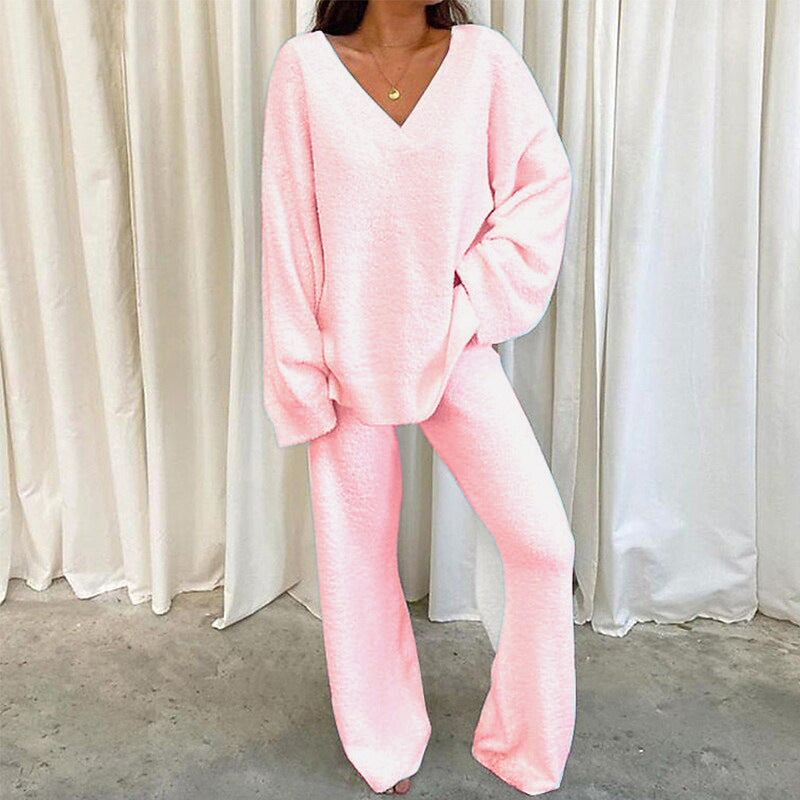 Damen Fleece Lounge Set V-Ausschnitt Komfort Wear