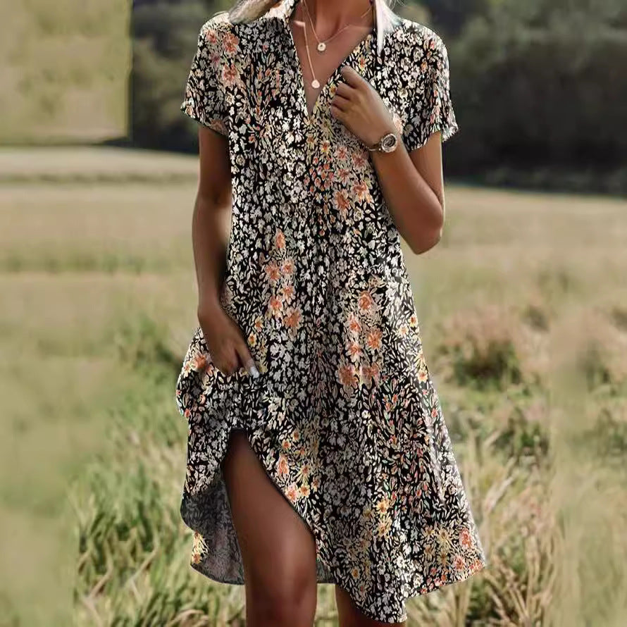 Damen Sommerkleid Blumenmuster Locker Geschnitten - IdealeKleiden