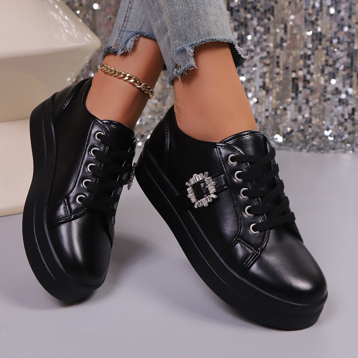 Damen Plateauschuhe Glitzer Kristall Design Schuhe