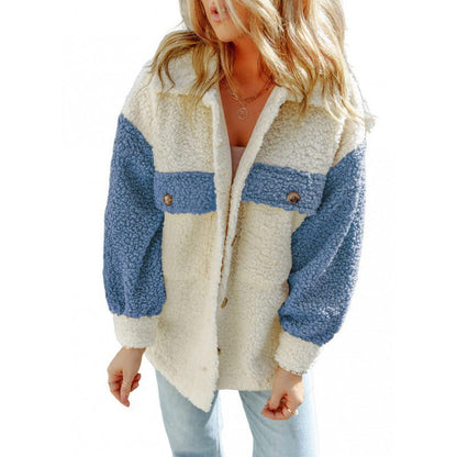 Weiche Damen Teddyjacke Kontrast Ärmel Winter