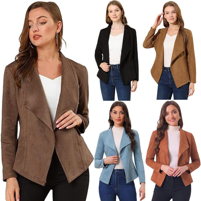 Damen Lederjacke Trendy Offener Schnitt Mit Taschen - IdealeKleiden