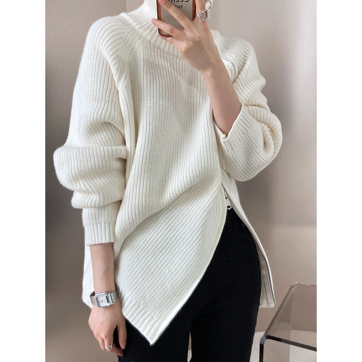 Übergröße Strickpullover Wollmix Hochkragen Reißverschluss