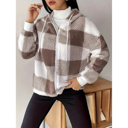 Sherpa Cardiganjacke Kapuze Flauschig Kariert - IdealeKleiden