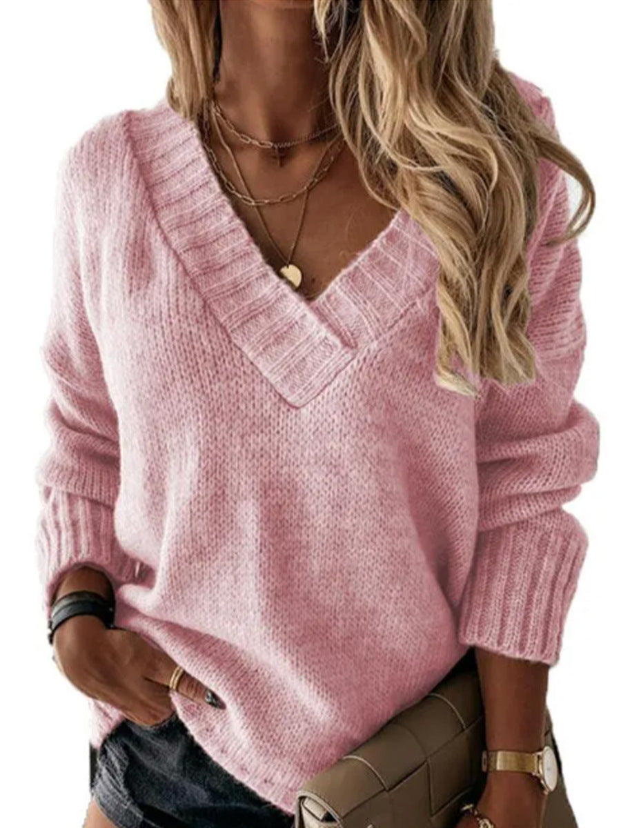 Damen Pullover V-Ausschnitt Strick Optik Elegante Mode