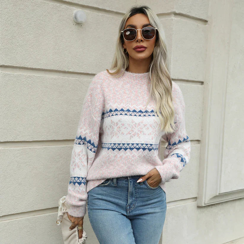 Oversized Strickpullover Fair Isle Muster Stehkragen