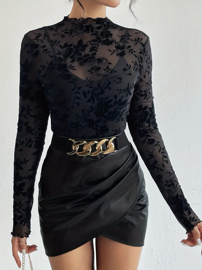 Damen Spitzen-Oberteil Langarm Blumenmuster Eleganz