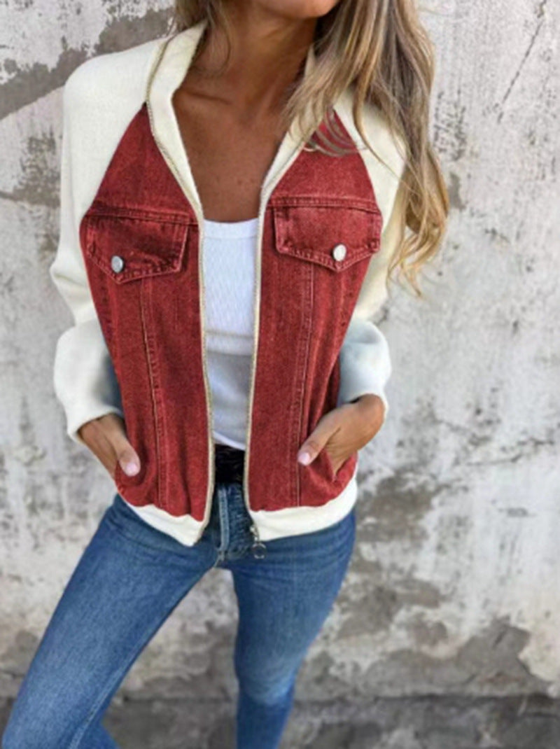 Damen Sweaterjacke Denim Style Fleece Ärmel