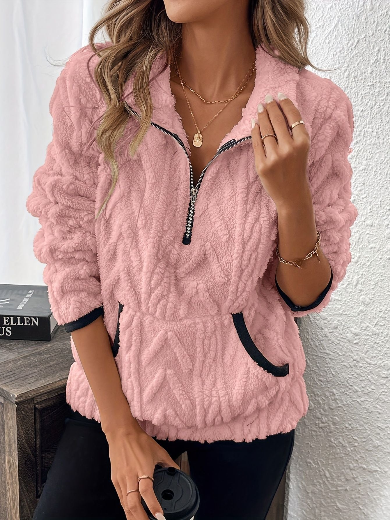 Damen Fleece Pullover Weich Reißverschluss Taschen
