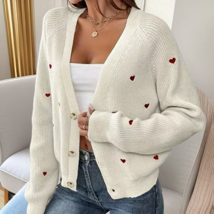 Damen Strickjacke Herzchen Muster Lässig Chic - IdealeKleiden