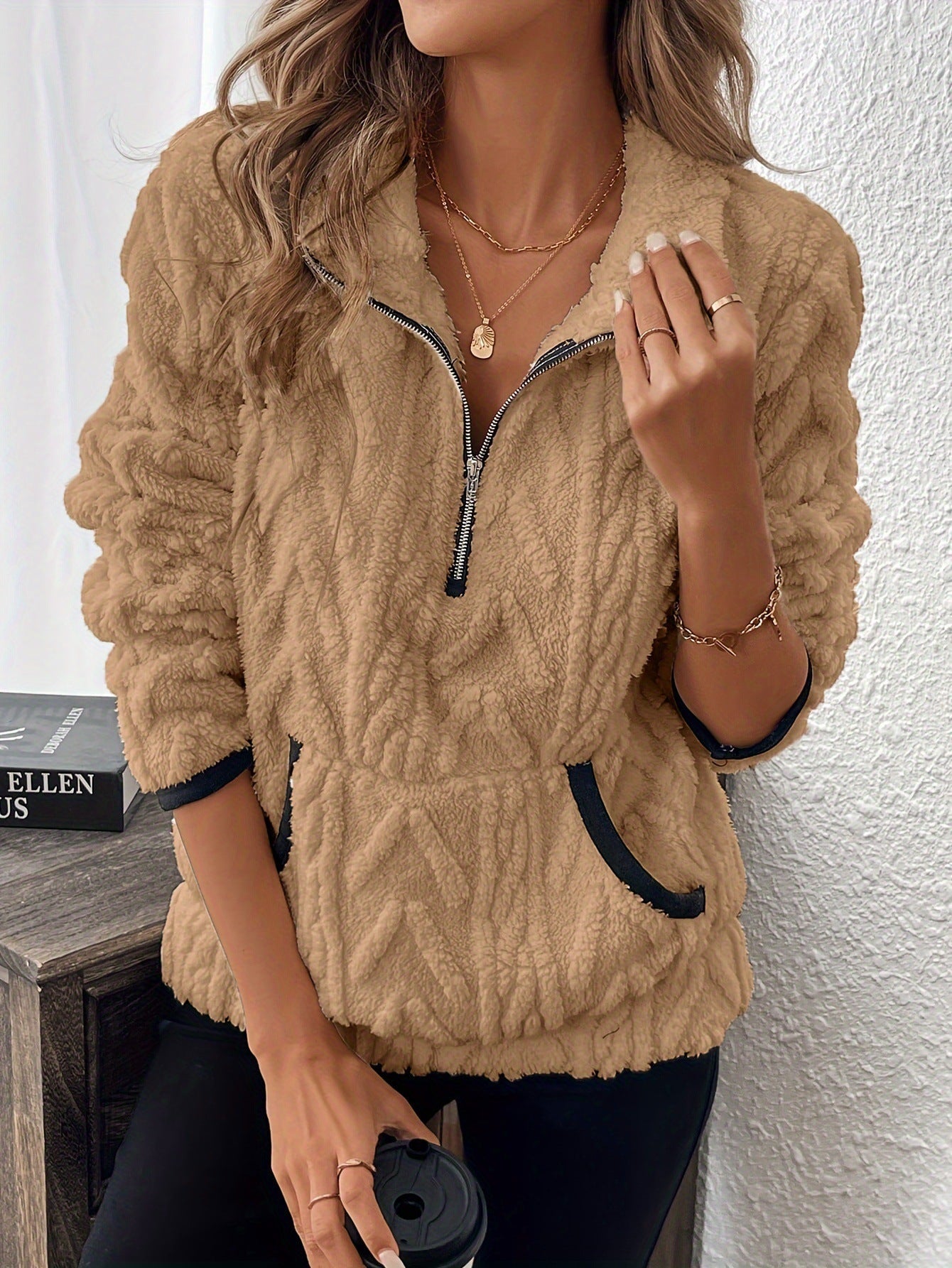 Damen Weicher Teddy-Pullover Hoher Kragen