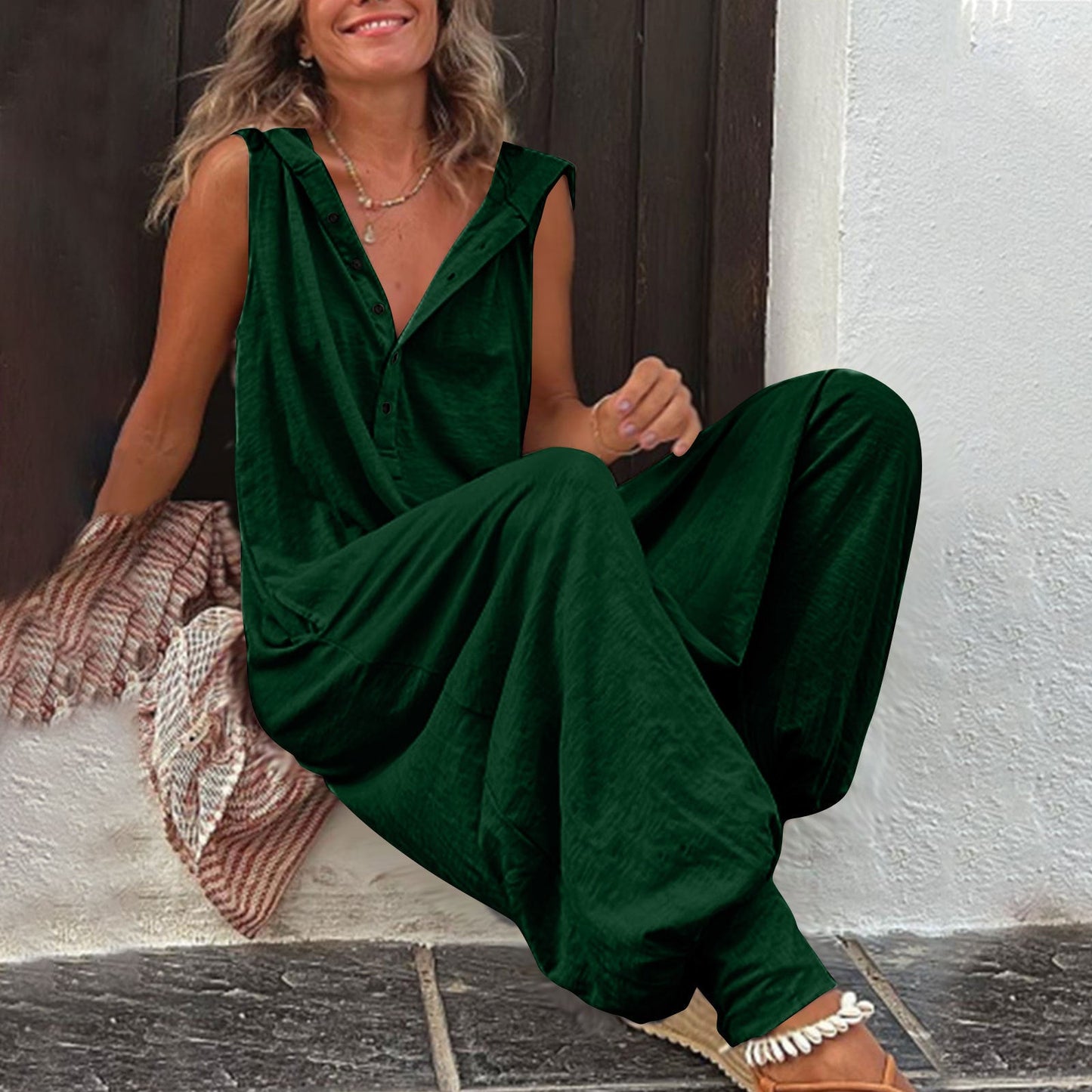 Damen Jumpsuit Casual Kapuze Knopfverschluss