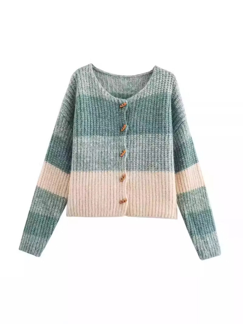 Damen Strickjacke Elastisch Rippmuster Holzknöpfe Elegantes Design