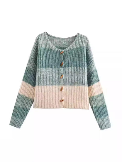 Damen Strickjacke Elastisch Rippmuster Holzknöpfe Elegantes Design