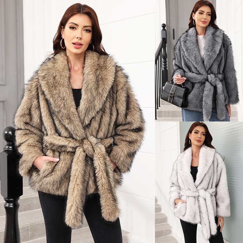 Damen Kunstpelz Mantel Chic mit Gürtel und Weitem Kragen - IdealeKleiden