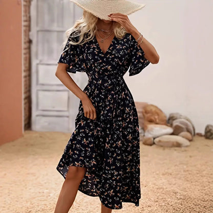 Frauen Wickelkleid Blumenmuster V-Ausschnitt Sommerkleid - IdealeKleiden