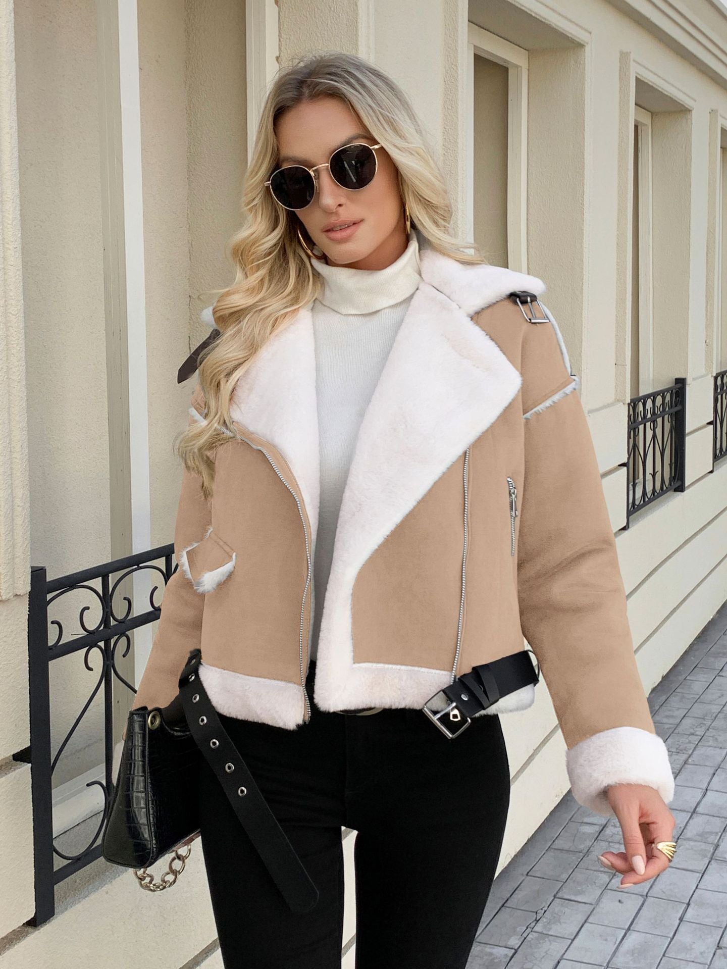 Damen Winterjacke Kunstfell Kragen und Gürtel