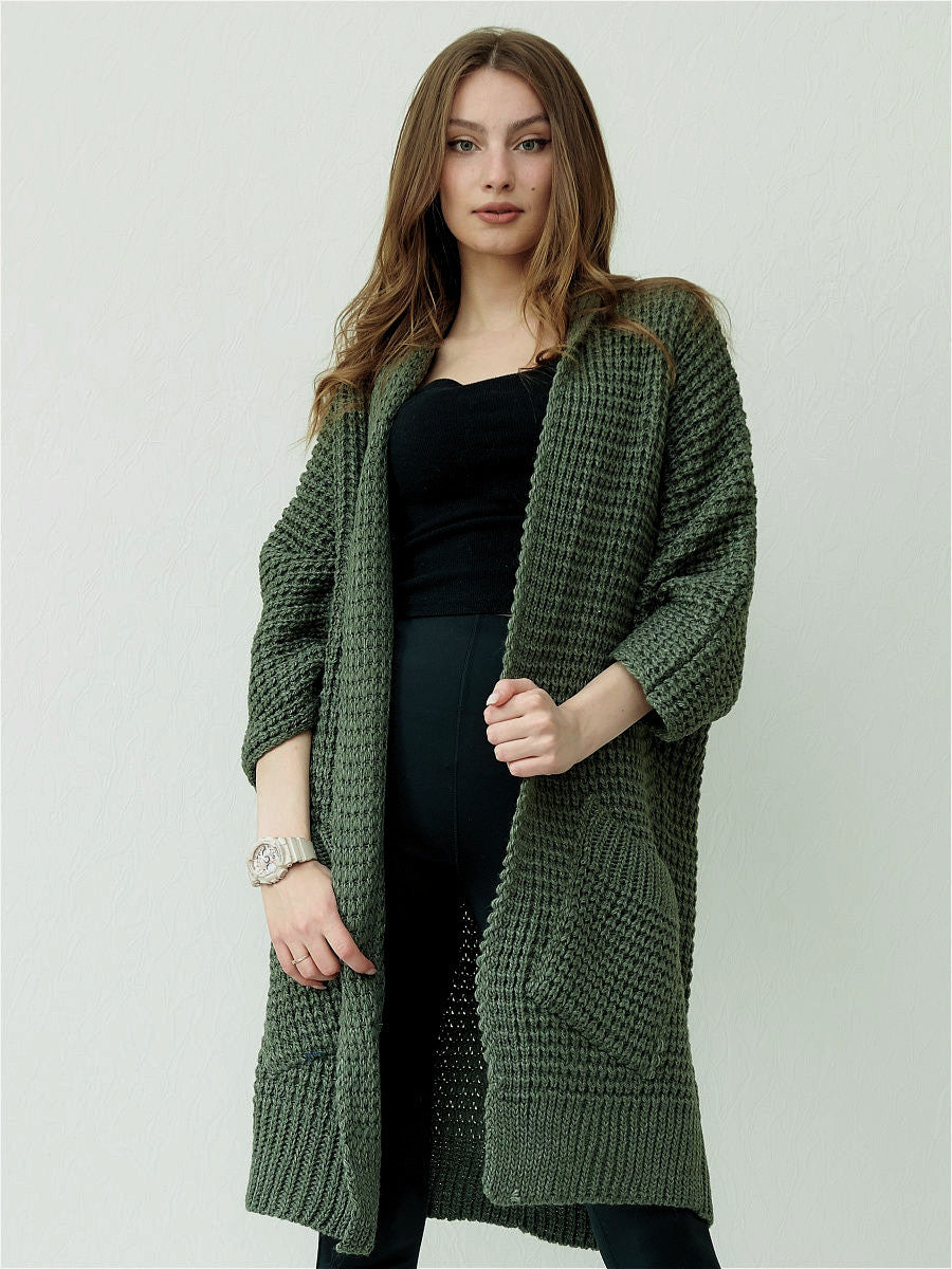 Oversized Strickjacke Offen Vorne Große Taschen