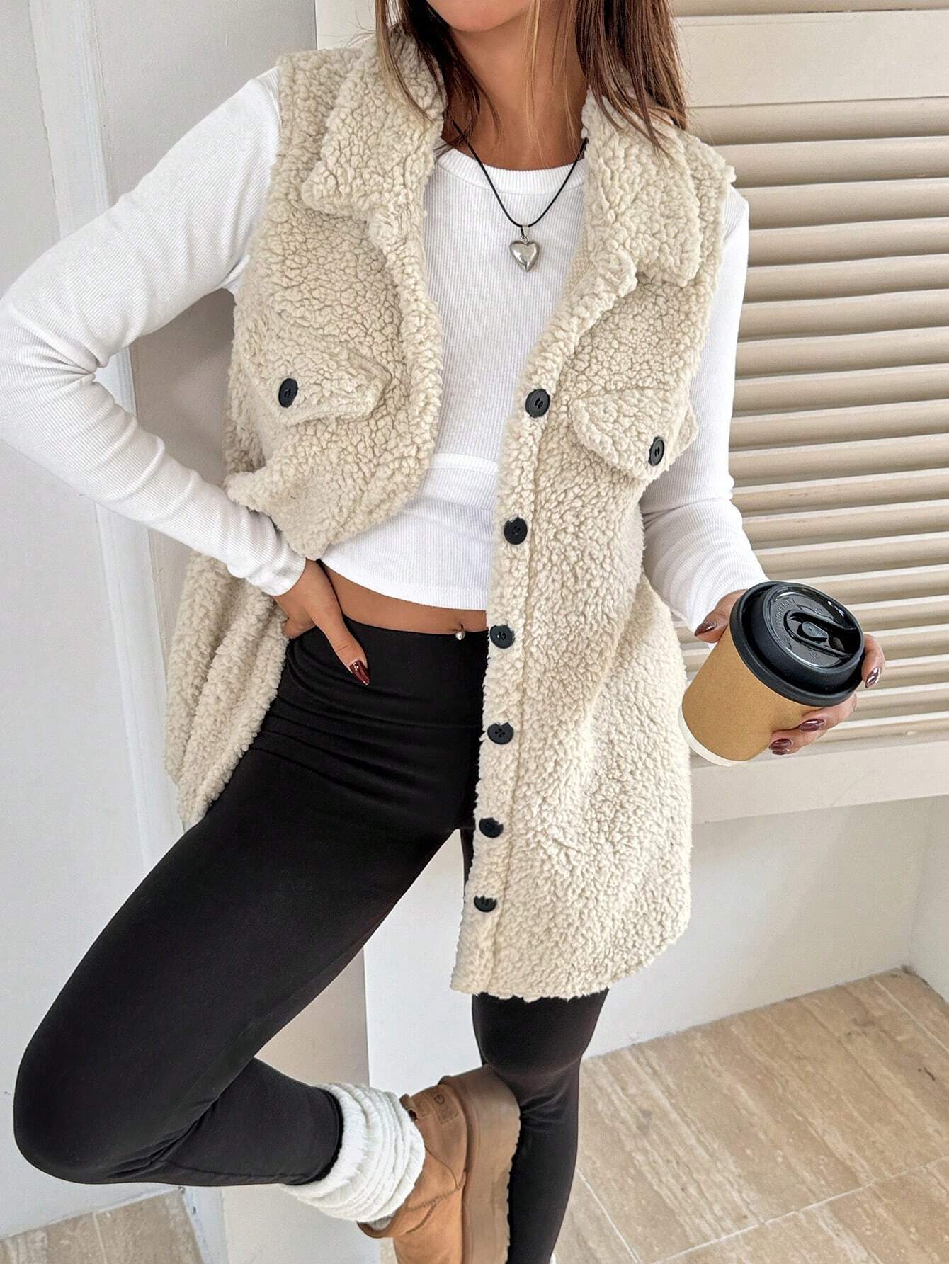 Damen Teddyweste Weich Plüsch mit Taschen
