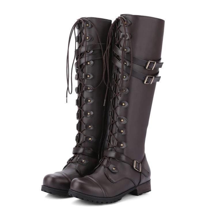 Wasserdichte Stiefel Damen | Kniehohe Lederschuhe mit Rundkopf und Gurt