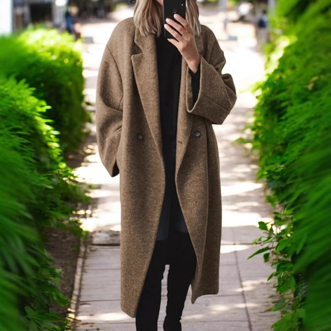 Damen Oversized Wollmantel Elegant Schnitt Große Taschen