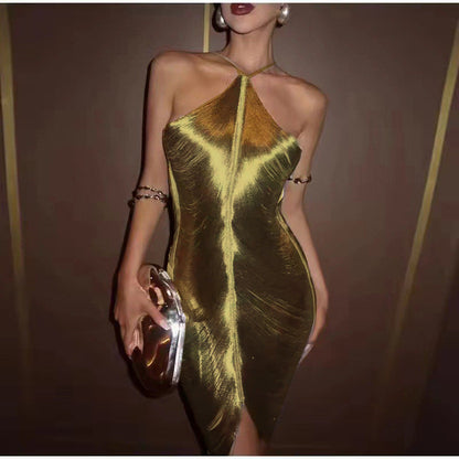 Damen Partykleid Elegant Schlitz Gold Dekolleté