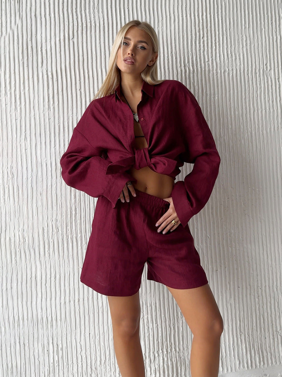 Damen Leinen Outfit Sommer Set