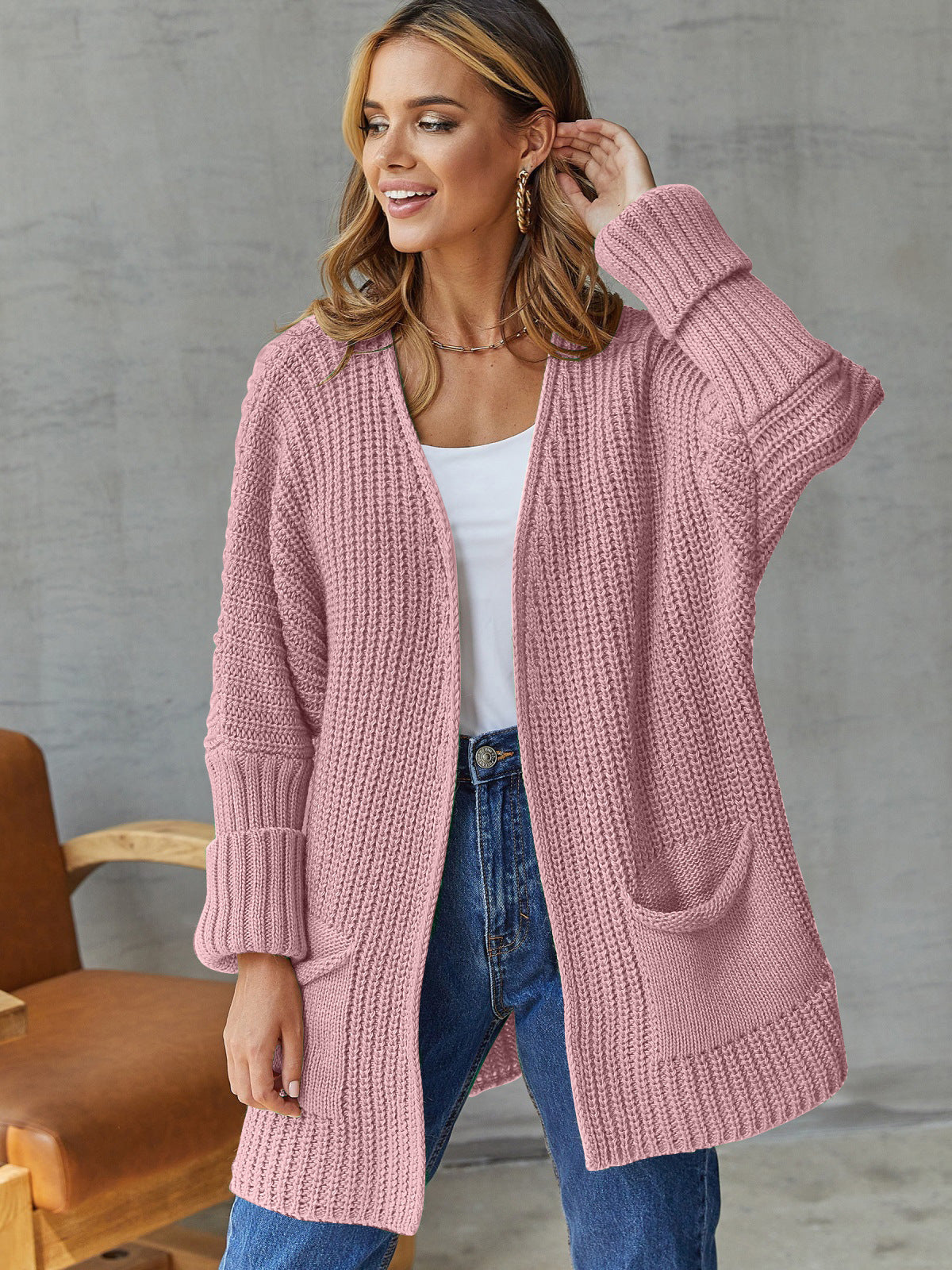 Damen Cardigan Strickweise Taschen Elegant