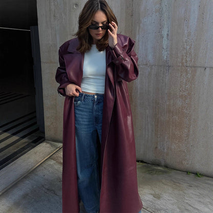 Damen Lederjacke Elegant Schnitt mit Gürtel - IdealeKleiden