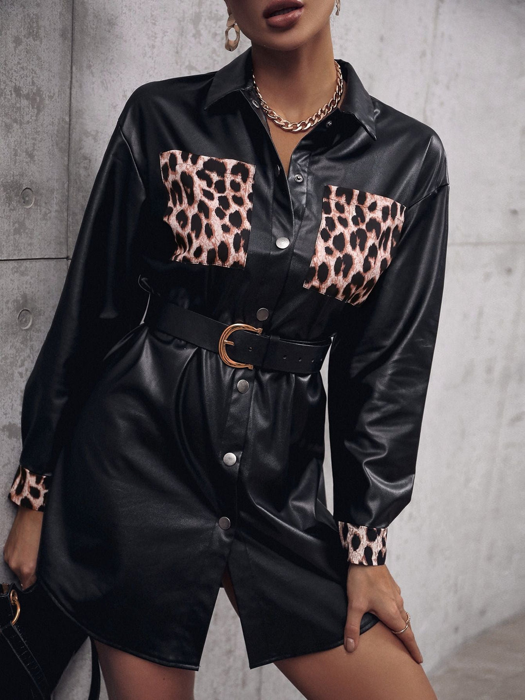 Damen Ledermantel-Kleid Tiermuster Figurbetonend