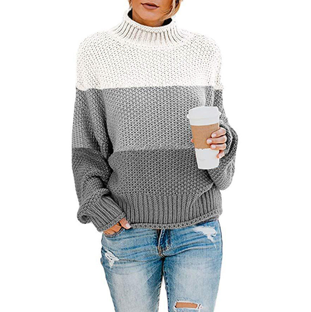 Damen Pullover Grobstrick Hochkragen Modern Farbblock