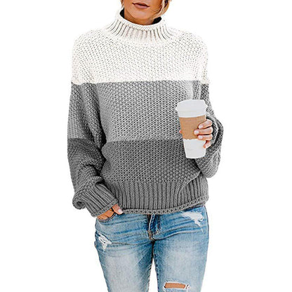 Damen Pullover Grobstrick Hochkragen Modern Farbblock
