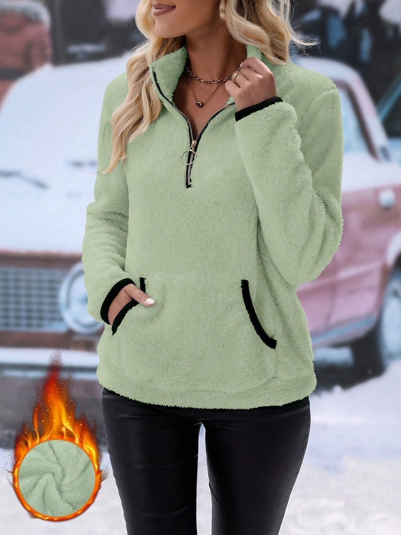 Damen Fleecepulli Modern mit Kontrasttaschen