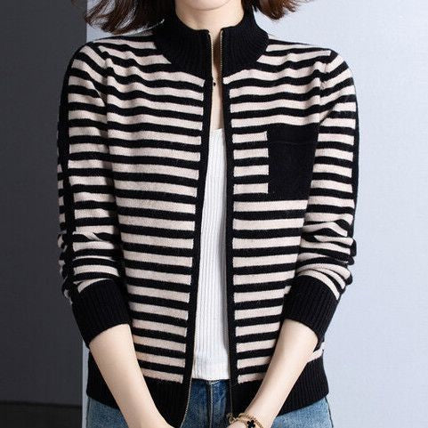 Damen Strickjacke Stehkragen Reißverschluss Elegante Outdoorjacke - IdealeKleiden