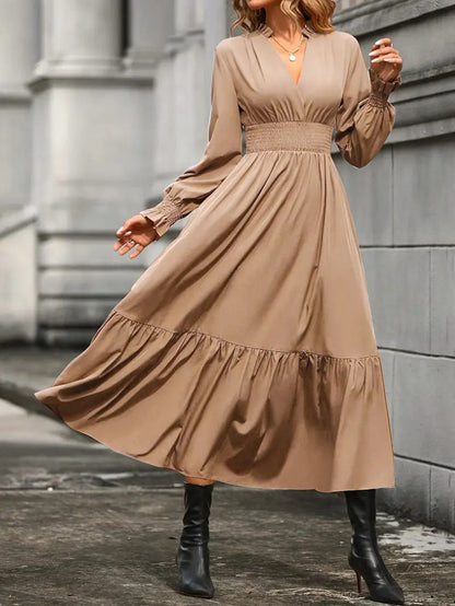 Damen Maxikleid Elegant V-Ausschnitt Locke Ärmel
