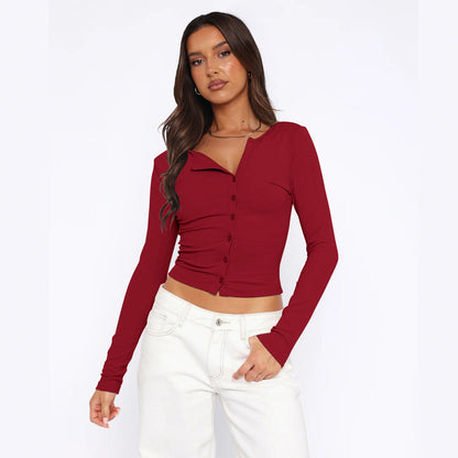 Damen Langarmshirt Figurbetont Elegant Knöpfe