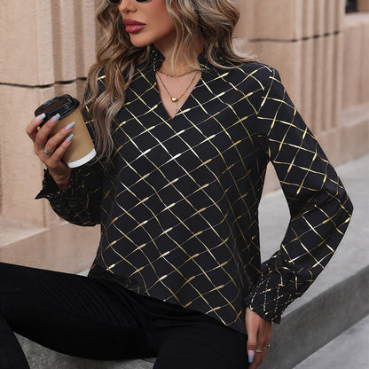 Damen Bluse Schimmernd Karo Muster Elegant