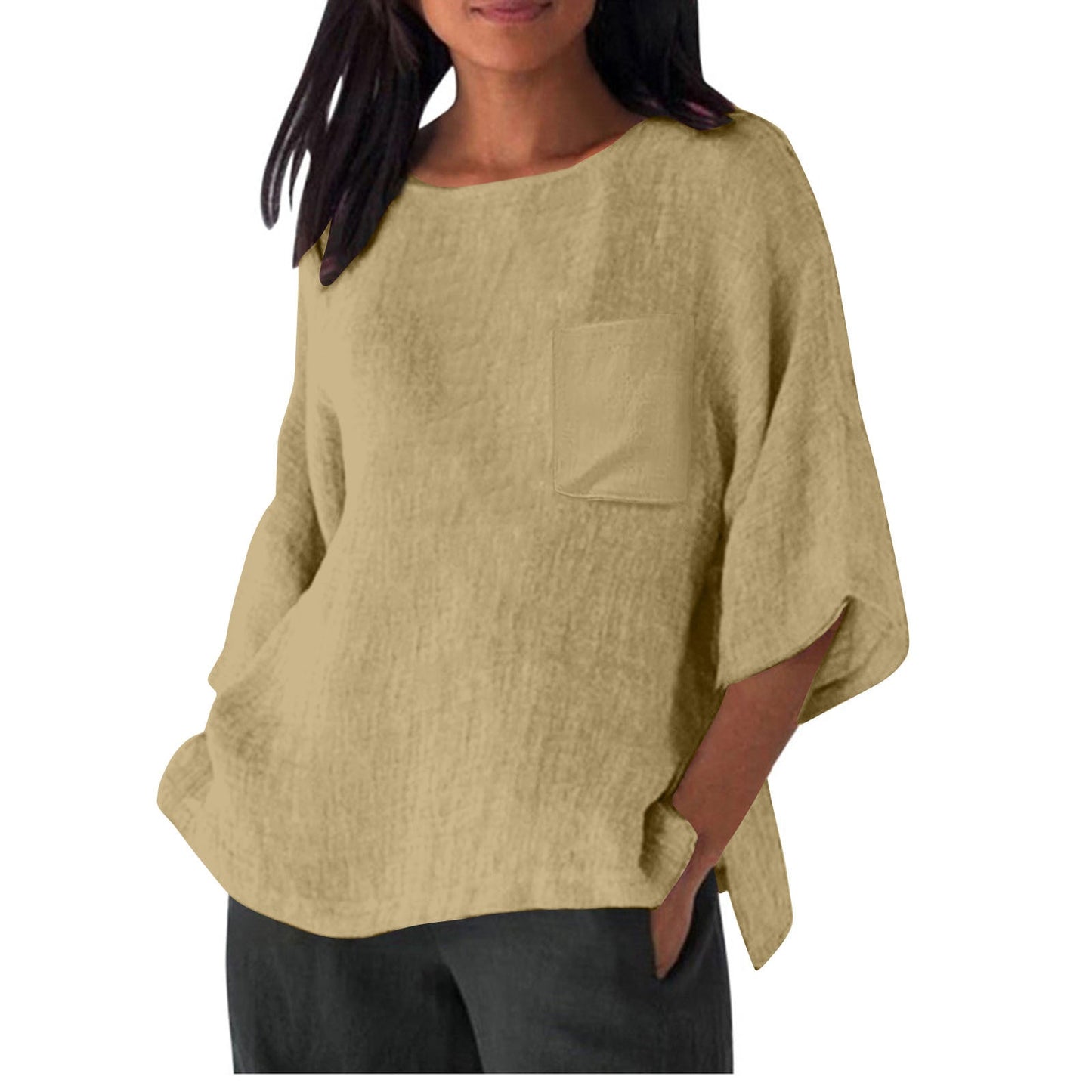 Damen Leinen Top mit Brusttasche Sommerkleidung
