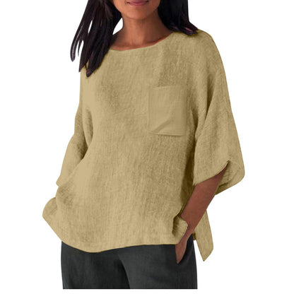 Damen Leinen Top mit Brusttasche Sommerkleidung
