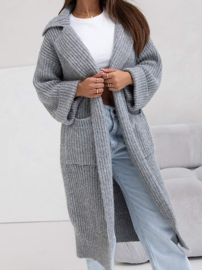 Langer Strickmantel Oversized Wollmix Kapuze - IdealeKleiden