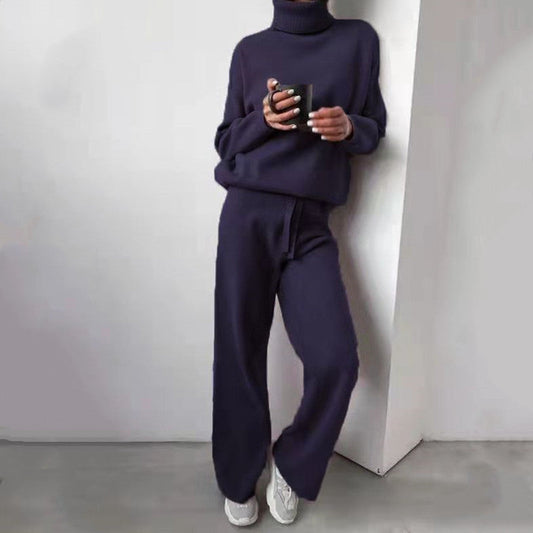 Damen Strickanzug Elegant Hochkragen Weite Beine - IdealeKleiden