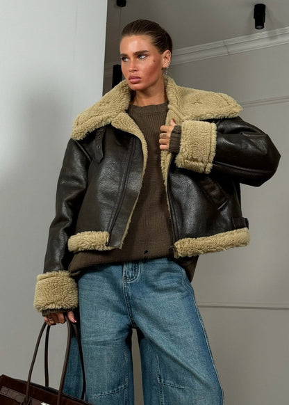 Elegante Lederjacke Pilotenstil Gefüttert