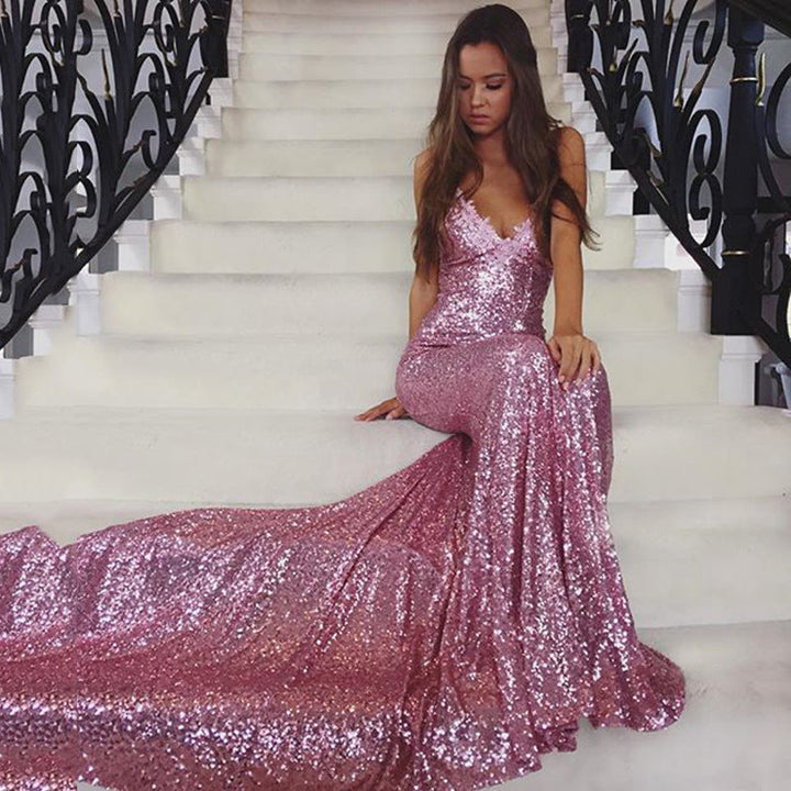 Damen Abendkleid Glitzer Pailletten Elegant Lang - IdealeKleiden