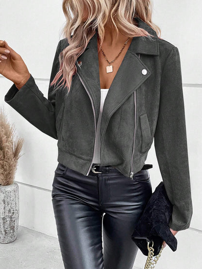 Damen Lederjacke Bikerstil Asymmetrisch Elegant - IdealeKleiden