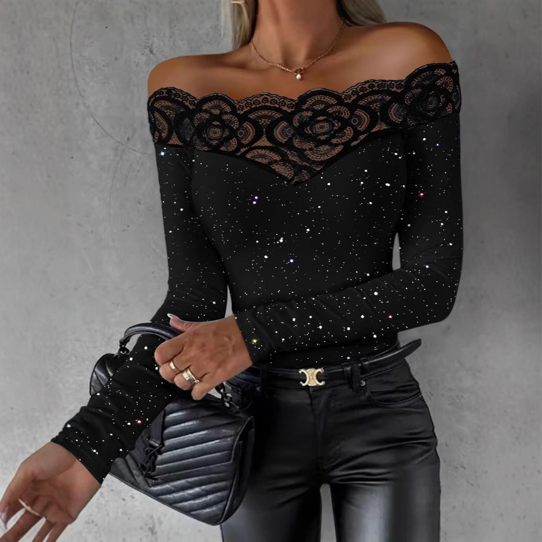 Damen Top mit Spitze Galactic Frauen Oberteil - IdealeKleiden