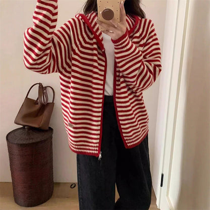 Damen Streifenjacke Kapuzenparka Mit Taschen