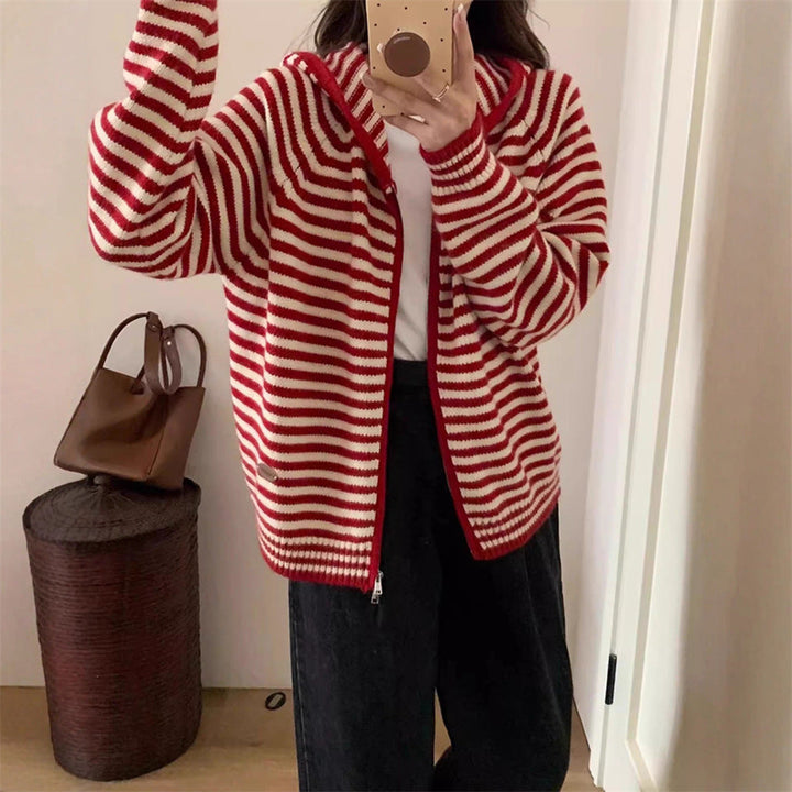 Damen Streifenjacke Kapuzenparka Mit Taschen