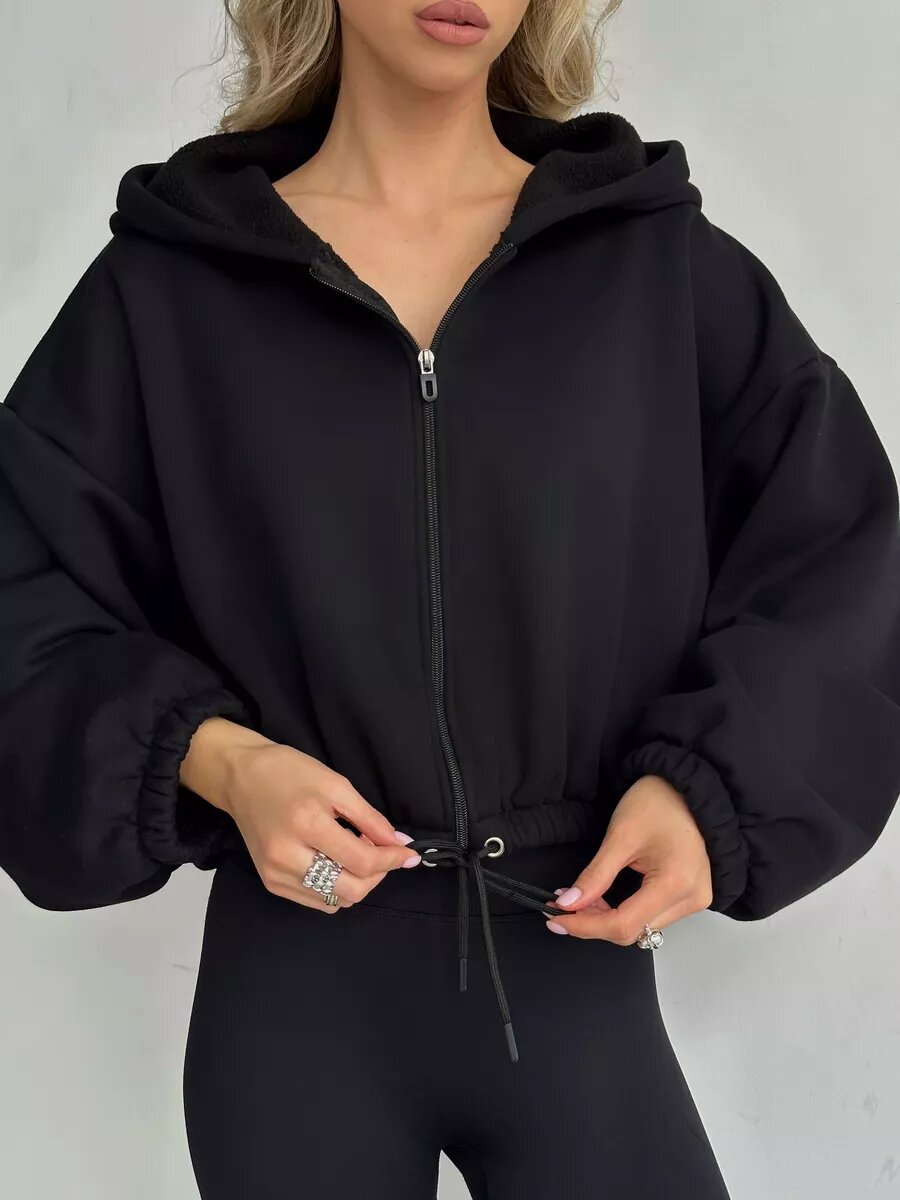 Damen Sportliche Cropped Hoodie Mit Reißverschluss