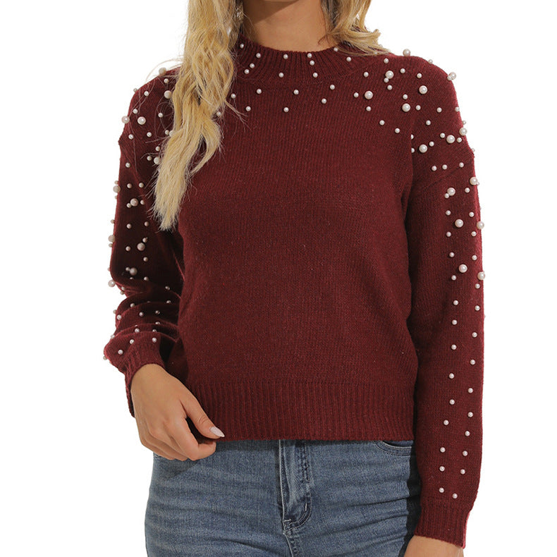 Damen Pullover Weich Struktur Optik Perlendekor