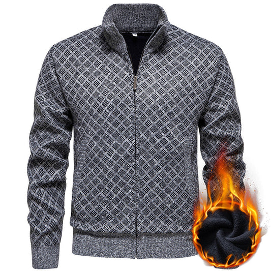 Herren Strickjacke Modern Karo Muster Zipper - IdealeKleiden