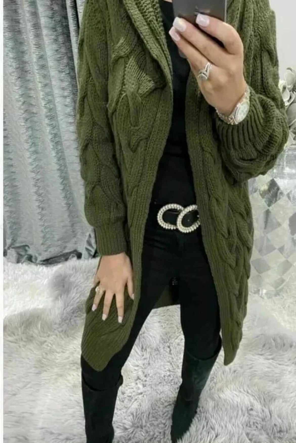 Damen Strickjacke Lang Zopfmuster Elegantes Design